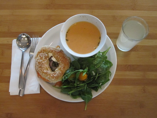 Tomato soup, sala, bagel with salmon and cream cheese, lemonade - $6