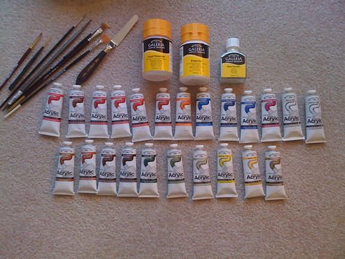 Acrylic paints, brushes and mediums.