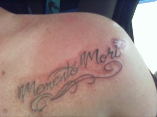 new tattoo - memento mori. on my left shoulder, beneath my clavicle
