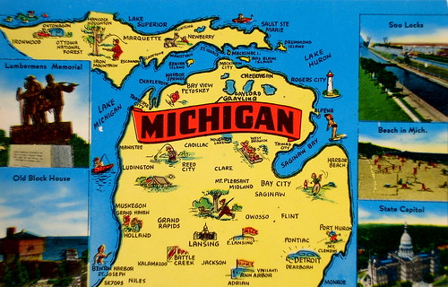 Map Of Michigan Lakes. Michigan map postcard