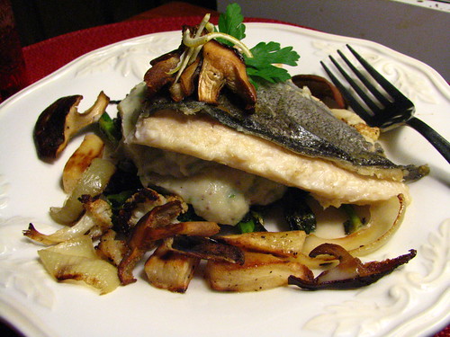 Pan Seared Trout Topped w/ Crispy Shiitake with Parsnip Puree and Roasted Veg