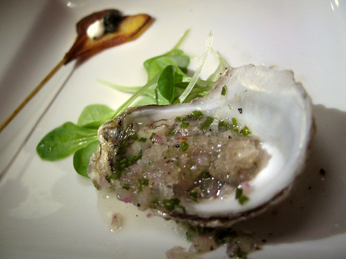 Bistro 45: Oyster with Champagne-Ginger Granita, with Potato Lollipop, Creme Frache and Caviar
