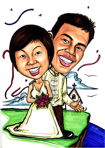 Wedding couple caricatures on clifftop