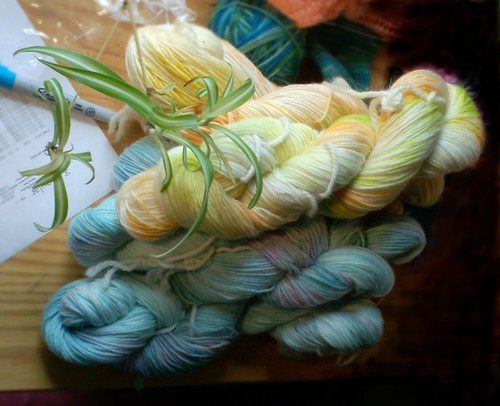 Yellow and blue hand dyed sock yarn