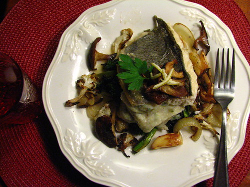 Pan Seared Trout Topped w/ Crispy Shiitake with Parsnip Puree and Roasted Veg