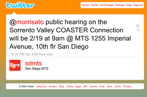 Its nice that MTS uses a twitter account to keep riders up to date. I hope every transit authority will follow suit.