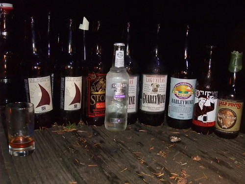 A flight of some fantastic barleywines, with an intruder out in front. Seriously, who brought that Smirnoff Ice?
