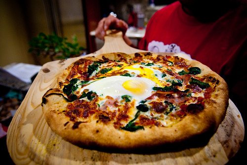 Homemade Pizza: Egg, Spinach, Proscuitto, and Shallots