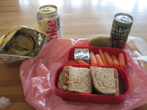 Chips and Diet Coke ($2.50), PB sandwich, carrots, kiri cheese, kiwi and garden cocktail