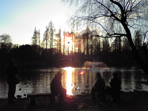 3 old men watching the sunset at Inokashira Pond