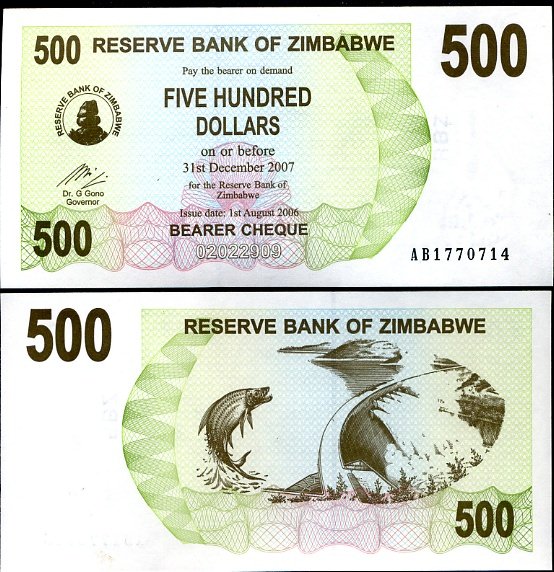 ZIMBABWE 500 DOLLARS BEARER CHEQUE 2006