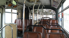 Interior view of a preserved 1986 M.A.N articulated electric trolleybus from Seatle Washington. The Illinois Railway Museum. Union Illinois. Friday, July 3rd 2009.