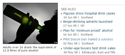 BBC news headlines ('binge-drinking adverts launched', 'plan for 'minumum priced' alcohol','under-age buyers test drink sales'). (on flickr)