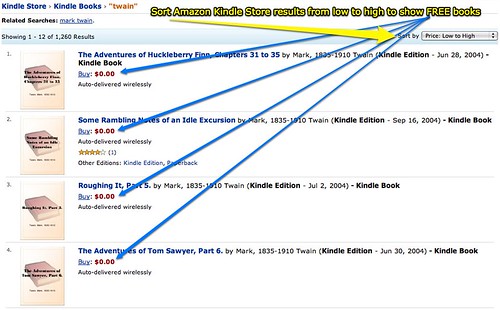 Sort Amazon Kindle Store results from low to high to show FREE books