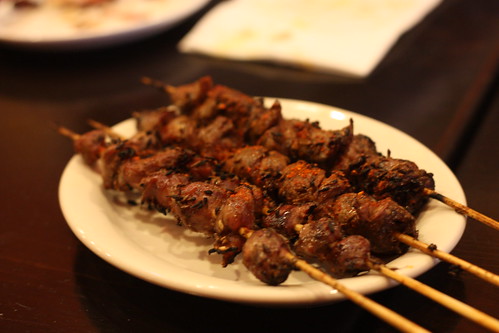 Skewers of chicken heart and gizzard