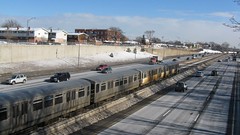 Eastbound CTA Blue line rapid transit train. Chicago Illinois. January 2009.