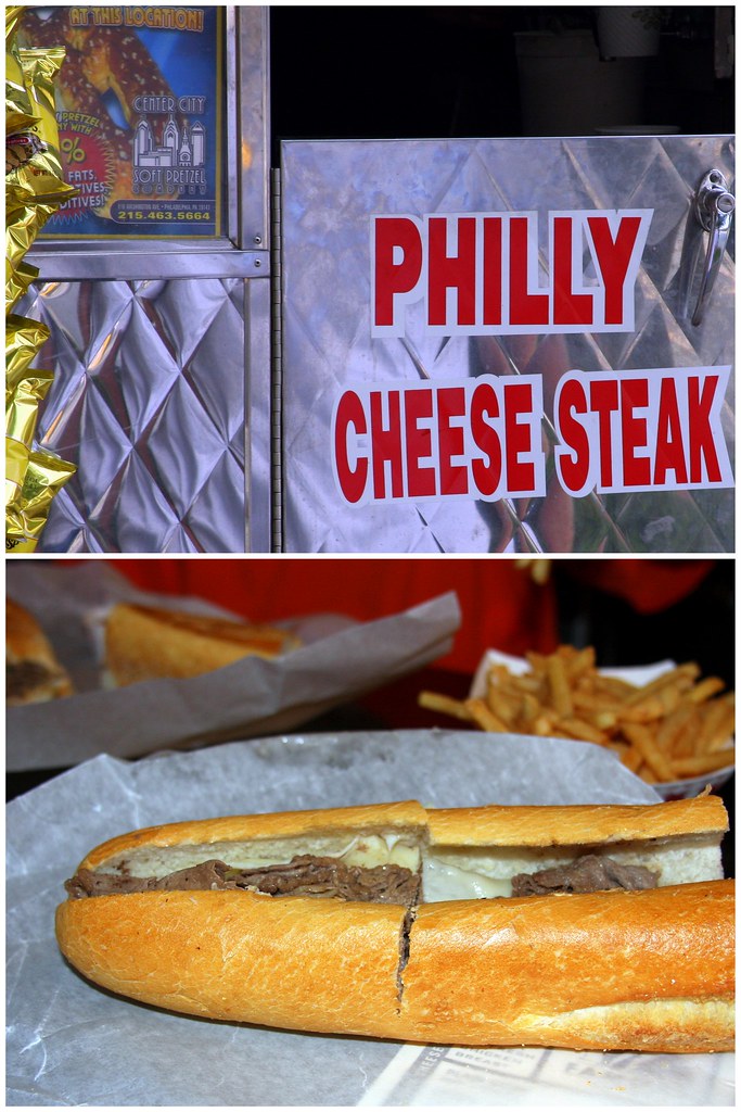 Philly cheese steak cart and cheese steak from Sonny's