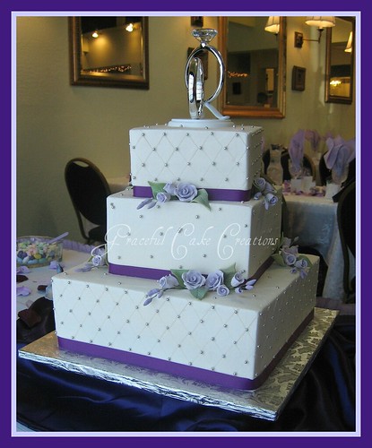 Square Wedding Cake with Lavender Roses and Purple Ribbon