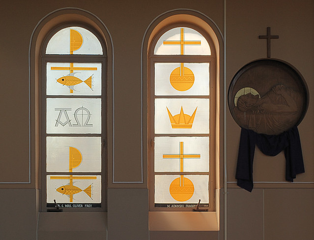Saint Paul Roman Catholic Church, in Highland, Illinois, USA - stained glass window with Christological symbols
