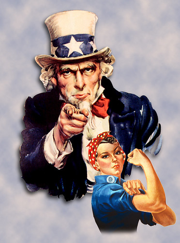 Patriotic Uncle Sam & Rosie the Riveter together, add your own custom message.