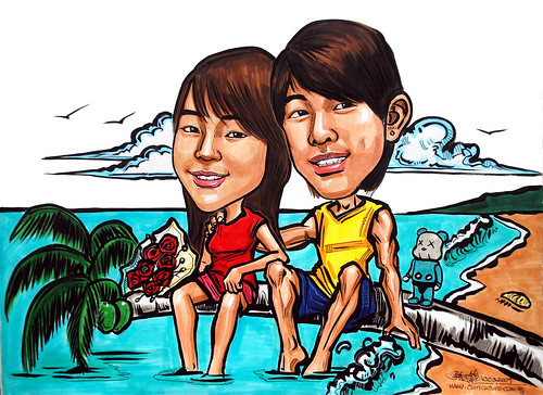 Couple caricatures at beach