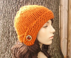 Chunky Cloche Hat in Pumpkin With Vintage Button