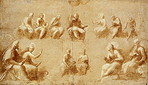 1508  Raphael    The Disputa, Study for the upper half  Brush and brown wash  23,2x40 cm  otam