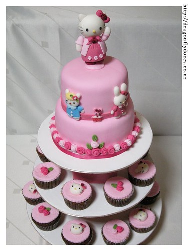A cake and cupcakes for a Hello Kitty themed party.