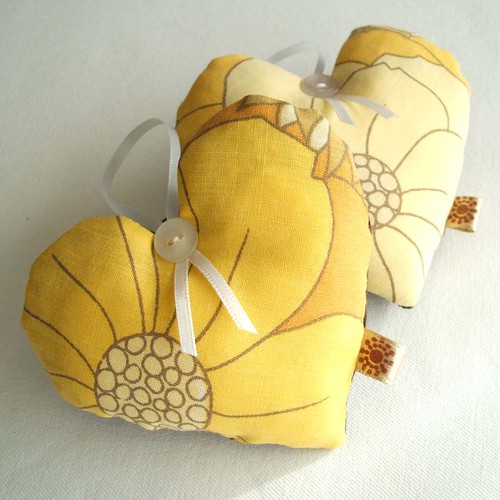 vintage fabric hearts in golden yellow