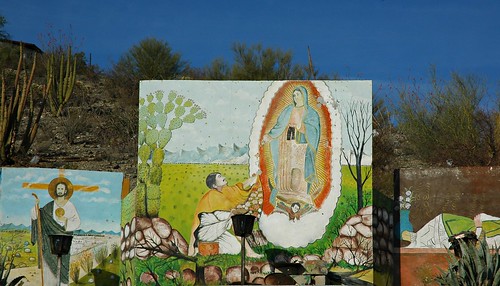 Nuestra Señora de Guadalupe, detailed folk art religious murals,  Hillside shrine, Hermosilla, Mexico by Wonderlane