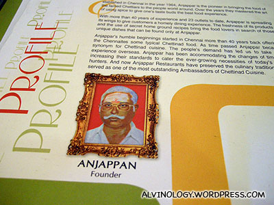 A picture of Mr Anjappan, the restaurant founder, inside the menu