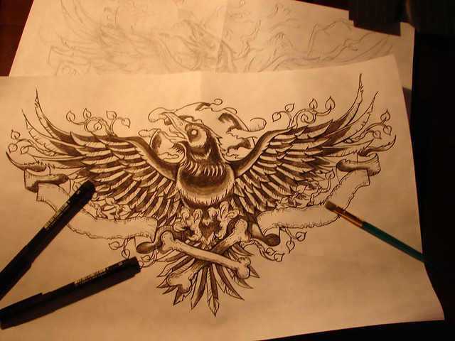 Drawing of an Edgar Allan Poe, Raven tattoo design that I'm working on.