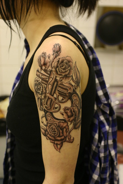guns n roses tattoo, shaded. custom design. colour added later