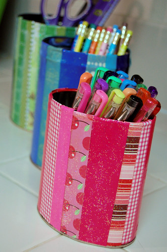 upcycled tins with scrapbook paper