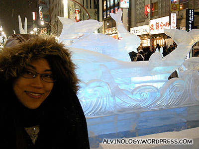 Rachel in front of the Green Peace ice sculpture