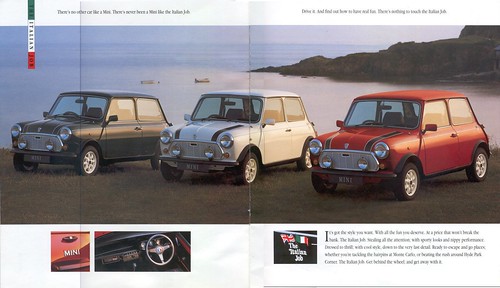 Rover Mini Italian Job. Second and third pages of the 1992 Rover Mini Italian Job Brochure. Produced until 1993. Later cars have internal bonnet release without hole in top of