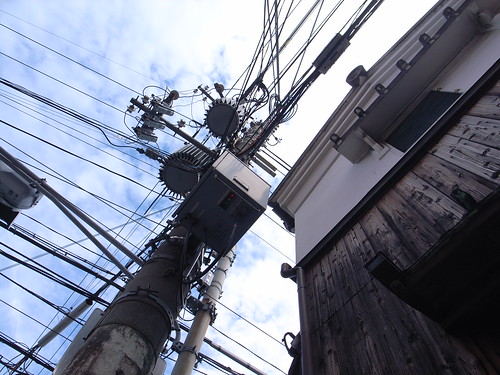 Electric pole, warehouse, sky
