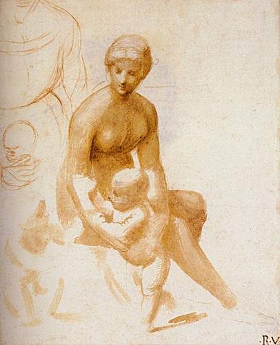 1506  Raphael    Studies for a Virgin and Child with the Infant Saint John  Brush and pale brown wash  21,9x18 cm  otam