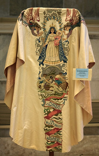 Embroidered vestment "Star of the Sea", made in Massachusetts, United States of America, from the collection of the Marianum, photographed at the Cathedral of Saint Peter, in Belleville, Illinois, USA