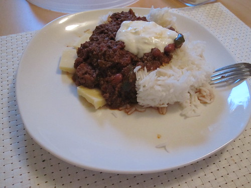 Philippe's chili (made with caribou meat) with rice, sour cream and cheddar