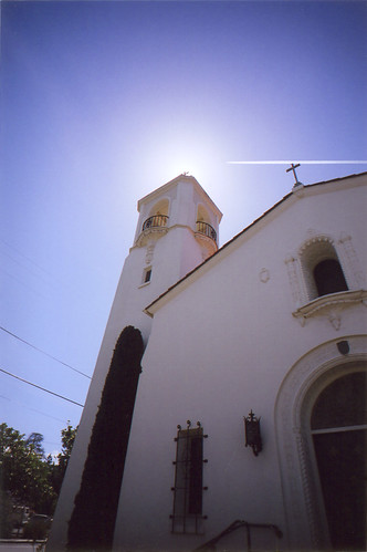 church with airplane track