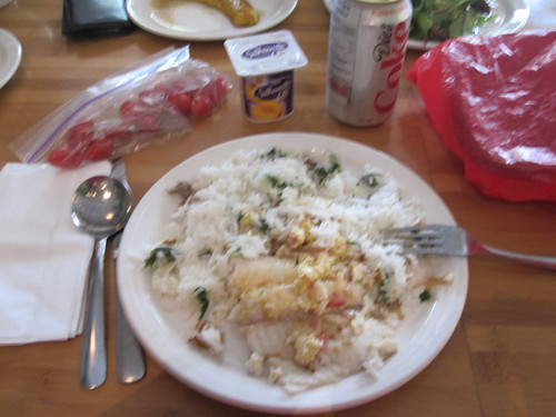 Tilapia and rice, tomatoes, yogurt from home, Diet Coke from the vending machine - $1.25
