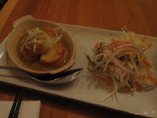 Seared dayboat scallops with red curry sauce, pink lady apples and jicama slaw at The Slanted Door