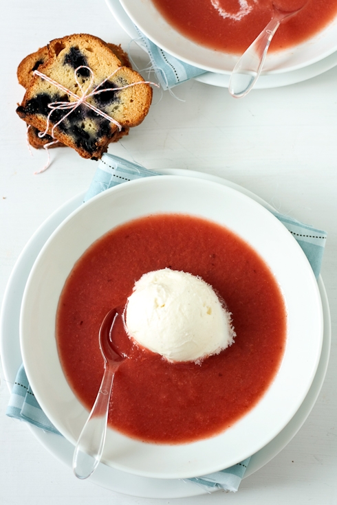 Plum Watermelon Soup With Lemon Balm Ice Cream and Toasted Blueberry Pound Cake