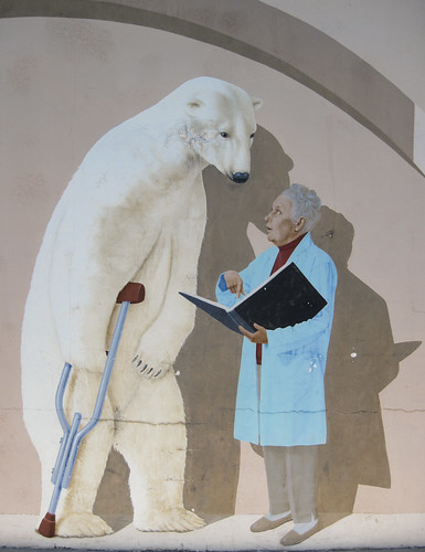 Polar Bear on Crutch Consulting With Doctor
