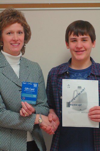 Seat Belt Safety Poster. Seth Taylor Wins Seat Belt Safety Poster Contest. West Wilkes Middle School Principal, Karen Broome, presents Seth Taylor with a gift card from Wal-Mart.