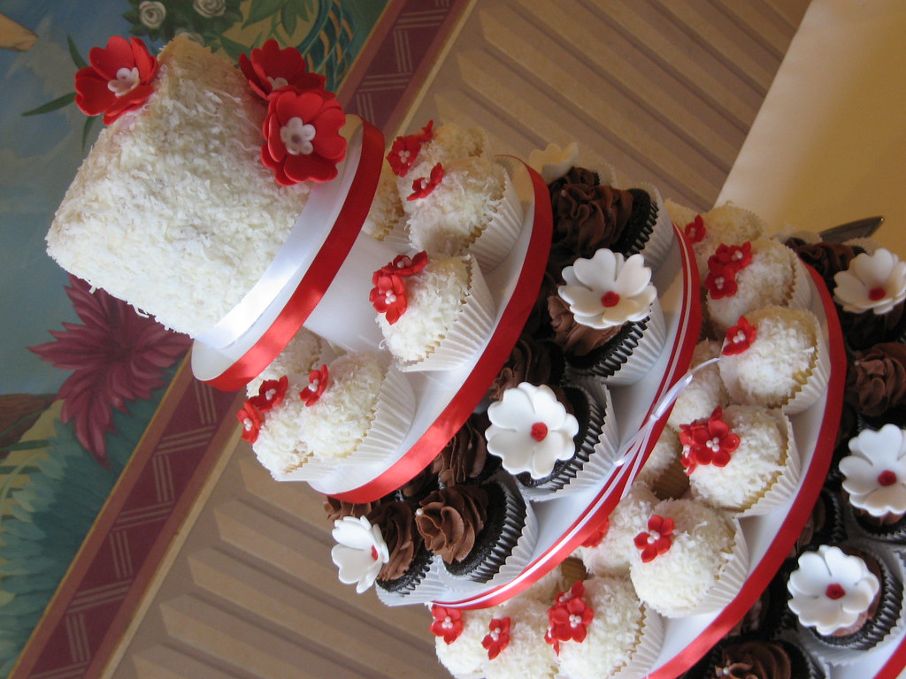 Red, white and chocolate wedding cupcake tower