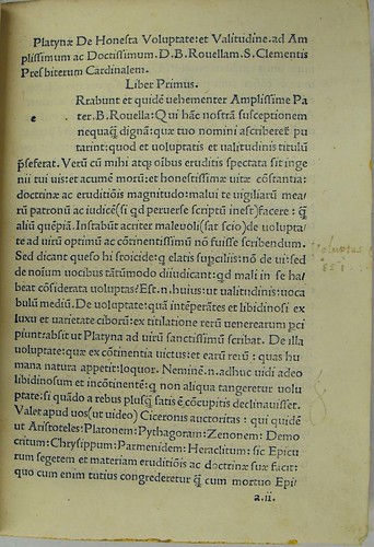 Opening page of Platina, Bartholomaeus: De honesta voluptate et valetudine