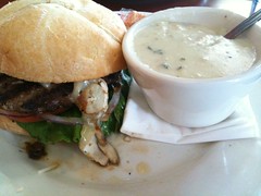 Mushroom burger and clam chowder