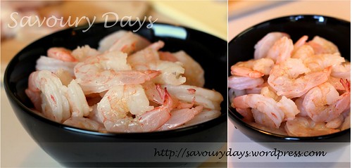 Caramelized shrimps and pork belly